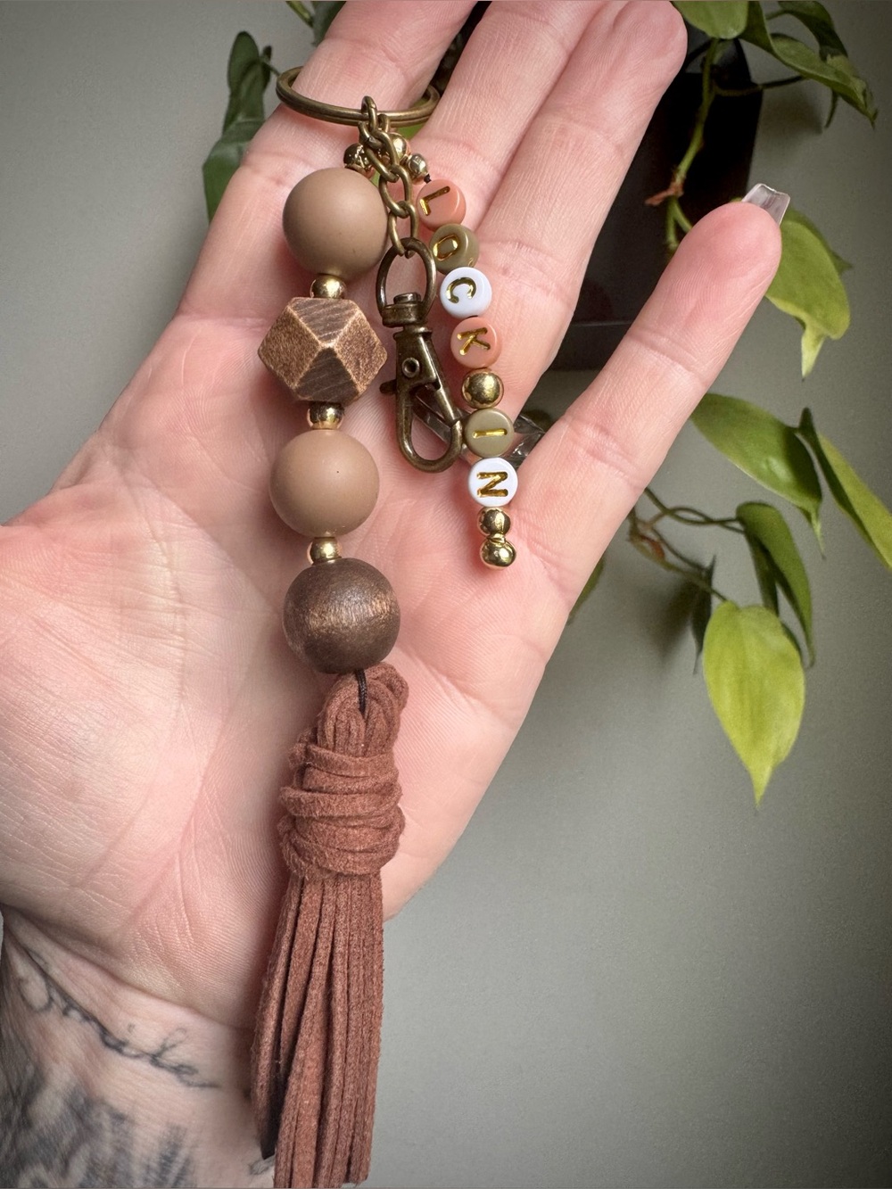 Handcrafted Boho Keychain/ Bag Charm with Faux Leather Tassel & “LOCK IN” Phrase